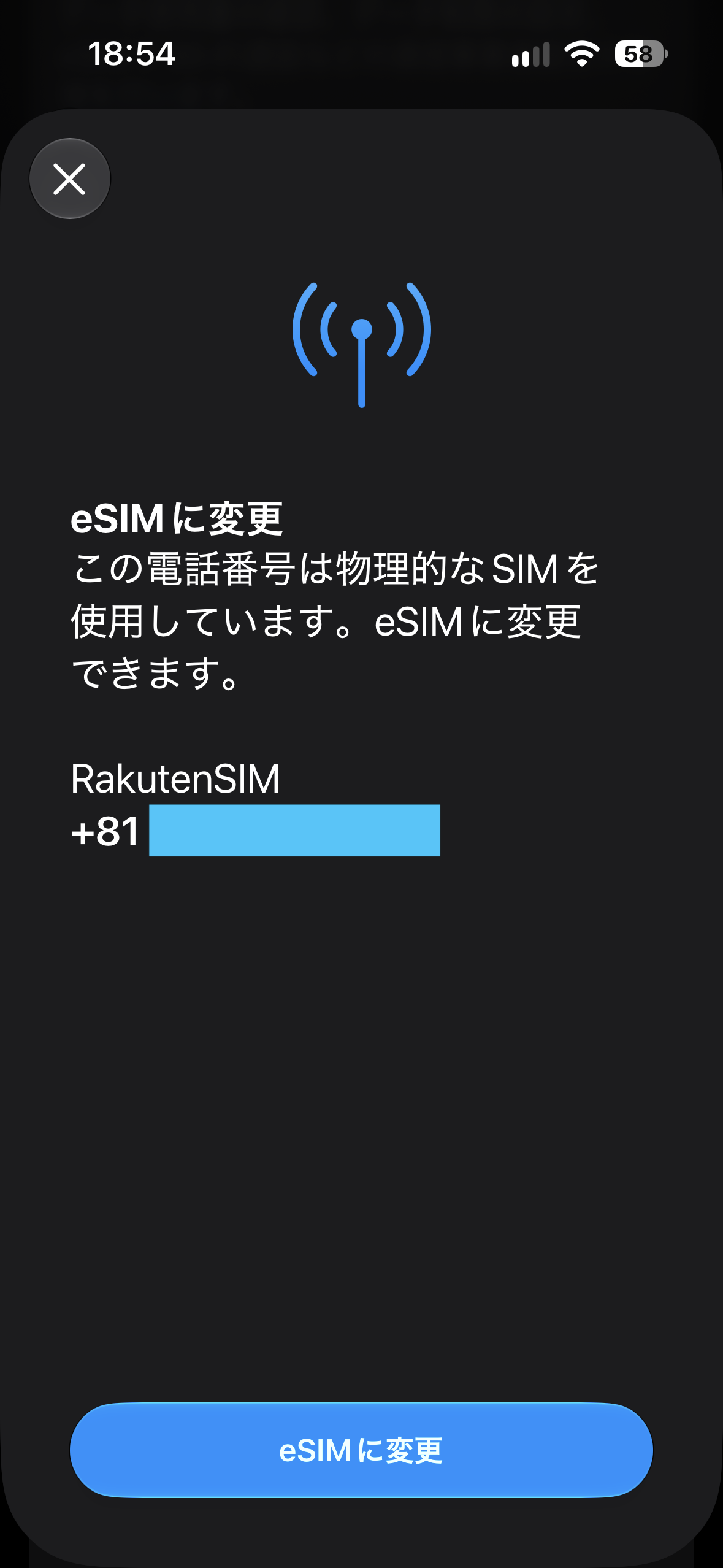 物理SIMからeSIMに変更する対象回線と変更ボタン