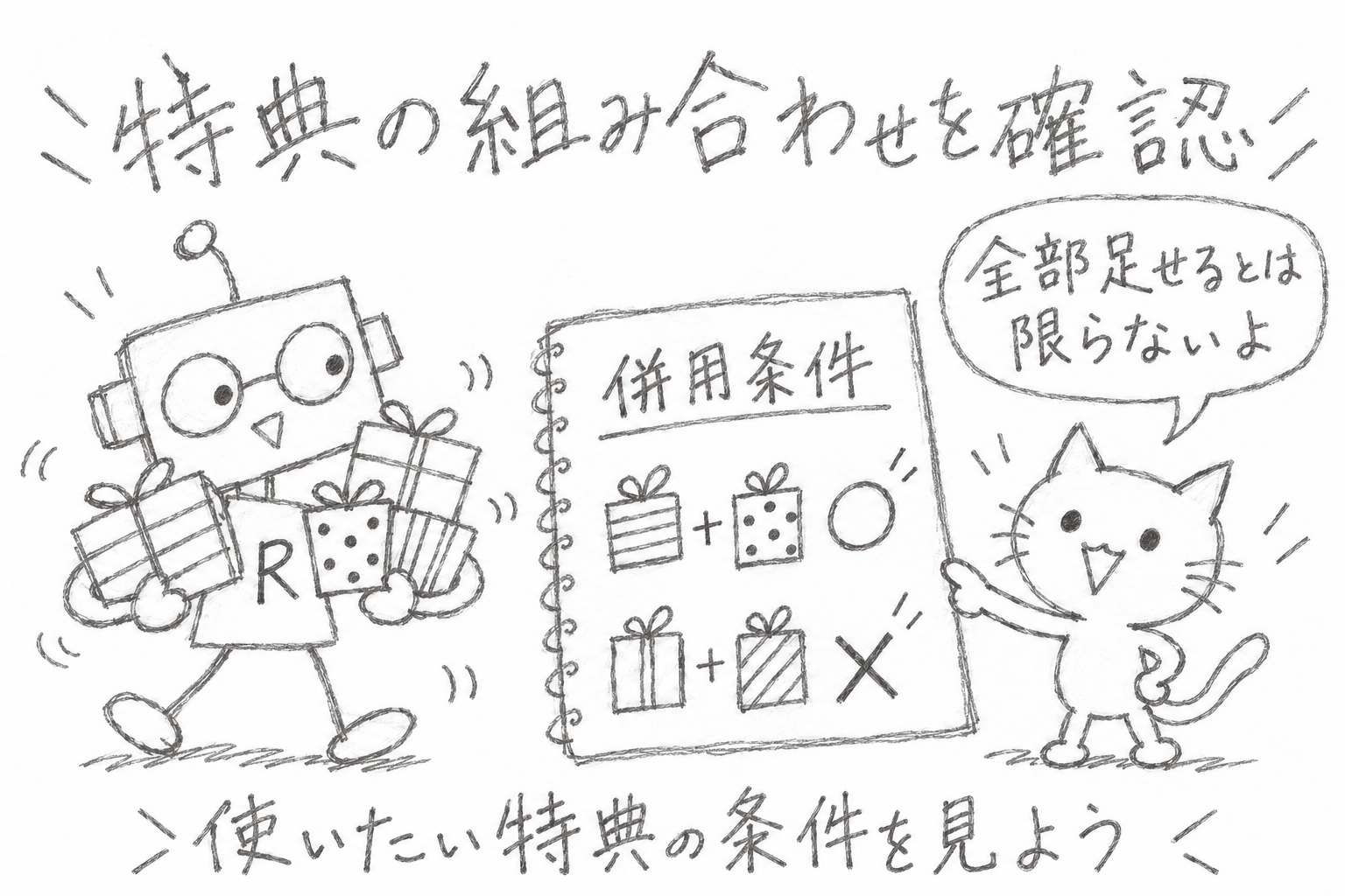 特典には併用できる組み合わせとできない組み合わせがあることを説明するロボと猫の鉛筆風イラスト