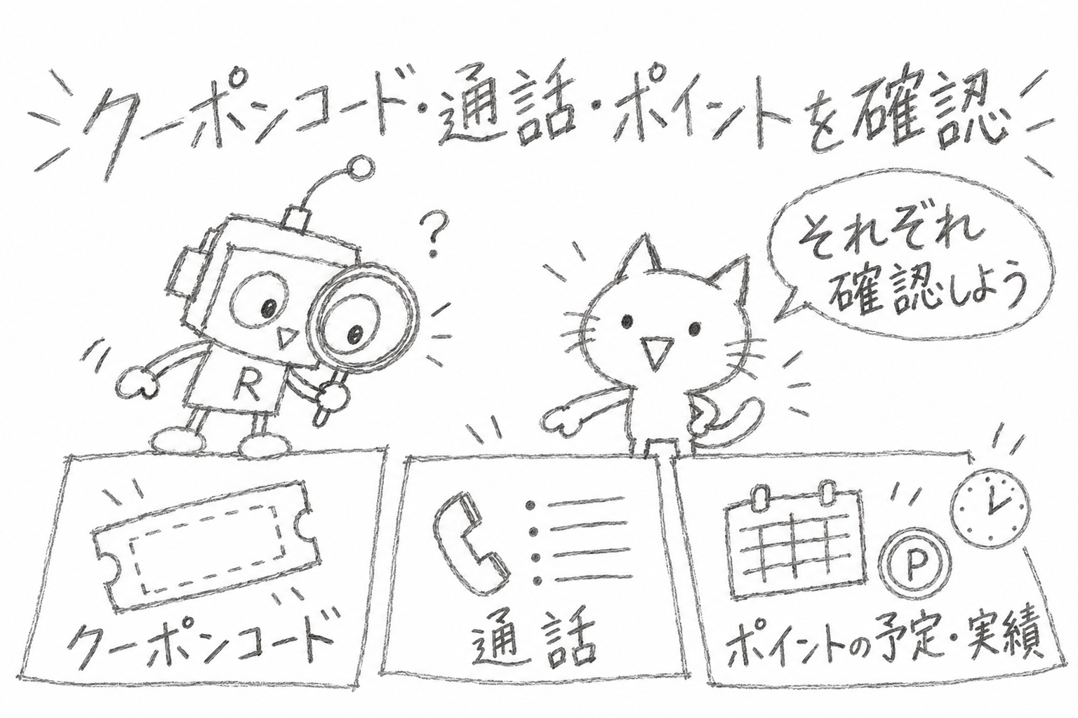 クーポンコード・通話・ポイントの予定と実績を確認するロボと猫の鉛筆風イラスト