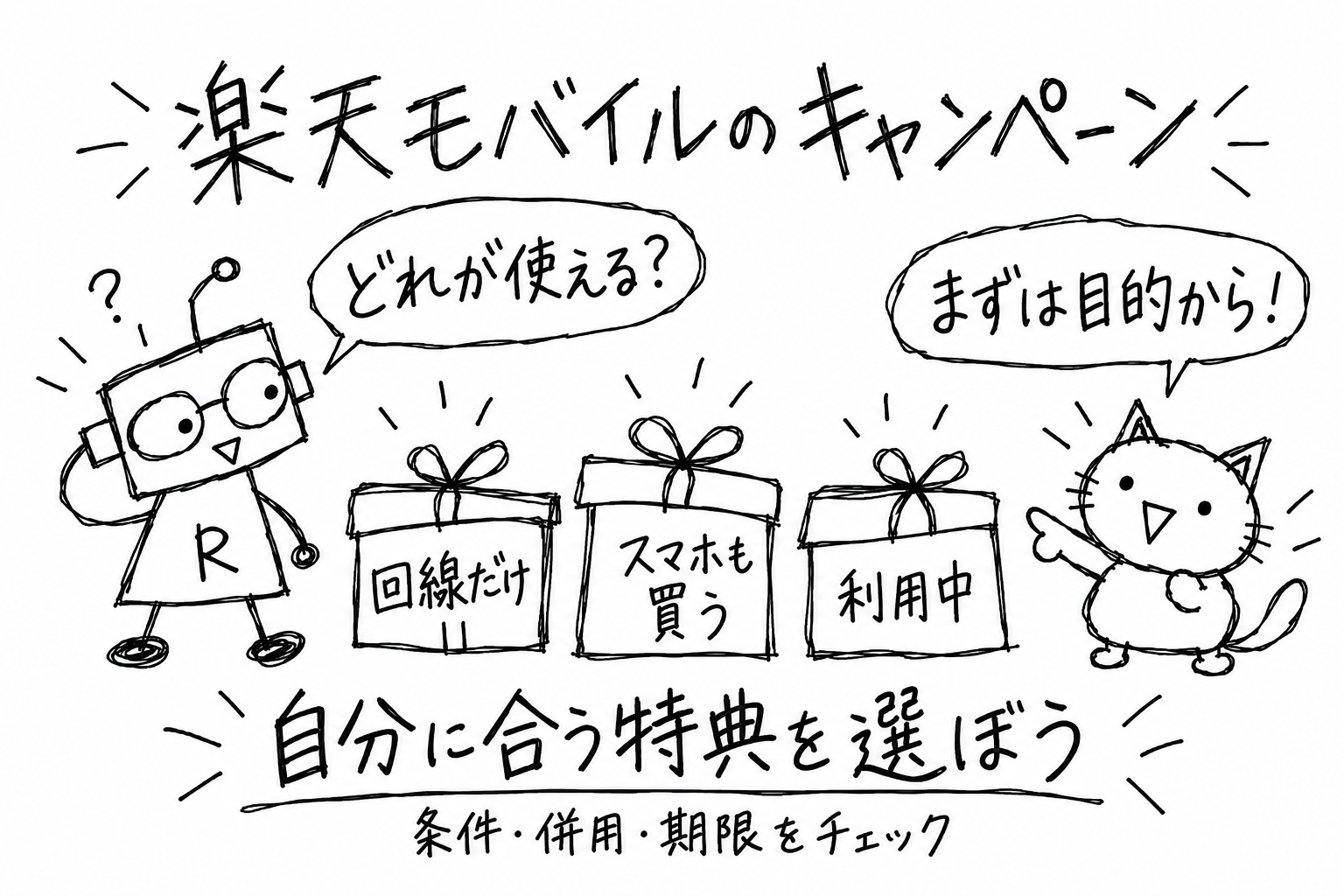 楽天モバイルのキャンペーンを、回線だけ・スマホも買う・利用中の3つの目的から選ぶロボと猫の手書きイラスト