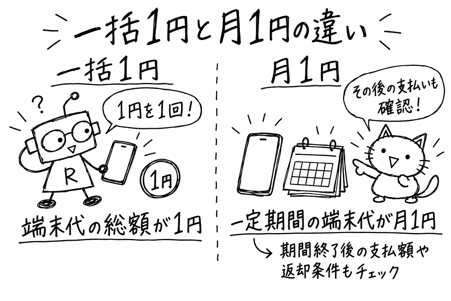 一括1円は端末代の総額が1円、月1円は一定期間の端末代が月1円という違いをロボと猫が説明する手書きイラスト。期間終了後の支払額と返却条件も確認